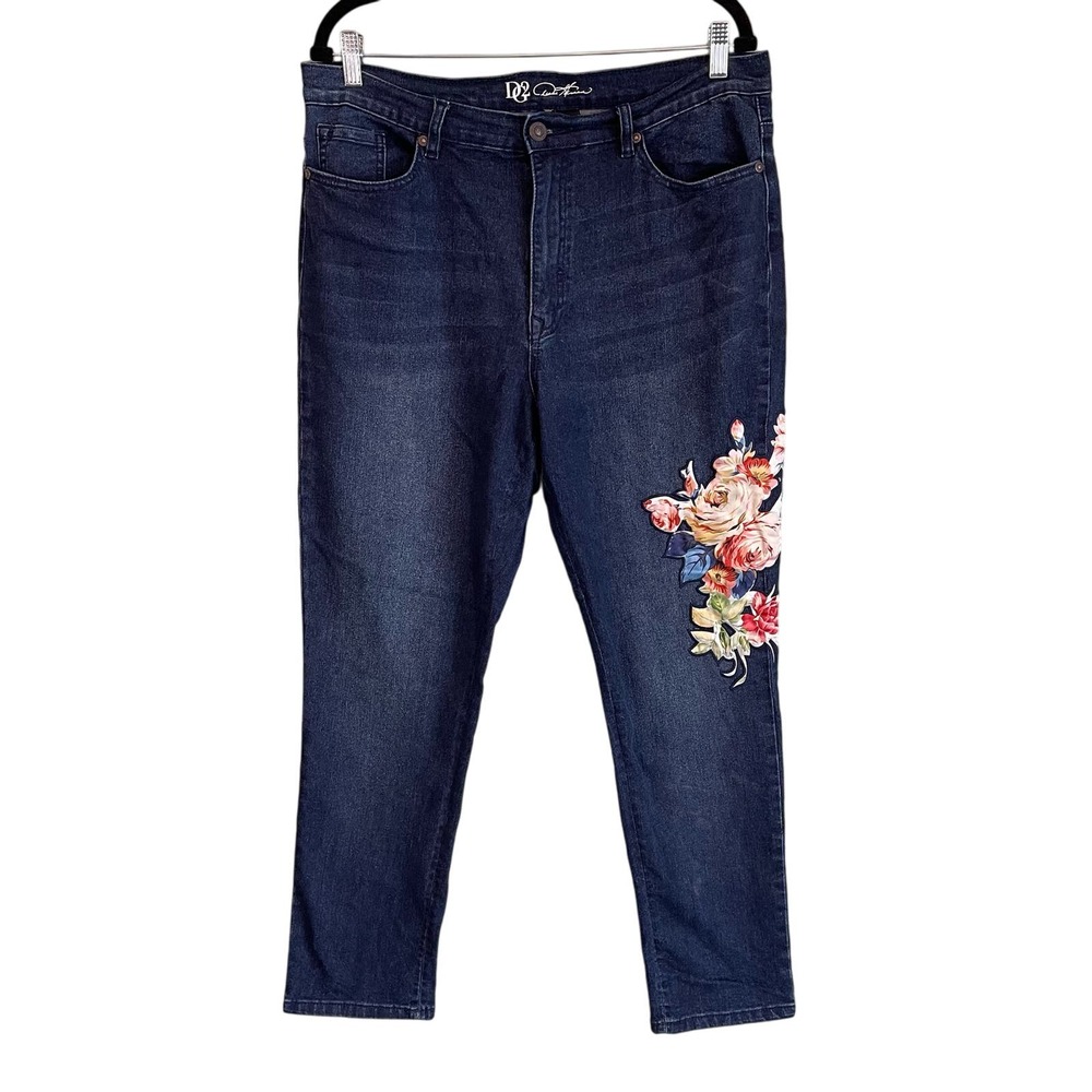 DG2 DIANE GILMAN Jeans 14 Rose Patch Denim Stretch Ankle Stretch Washed Blue